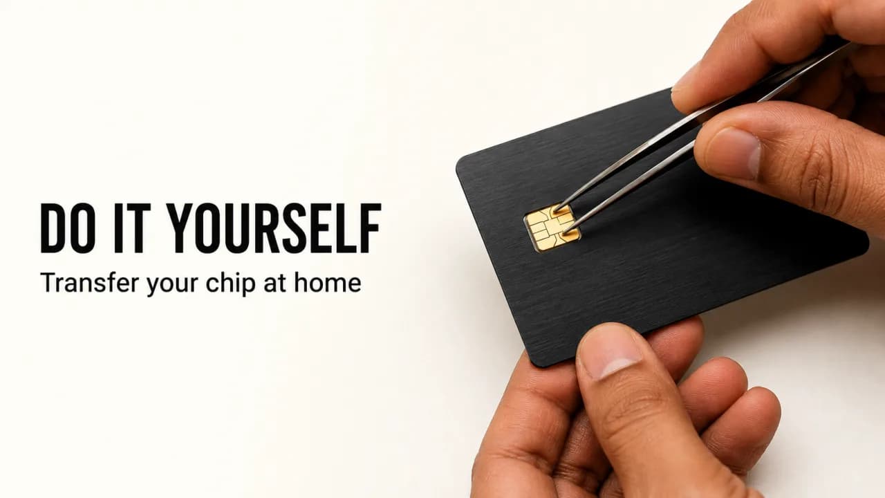 Placing a gold chip into a matte black CarbonCraft metal card with tweezers