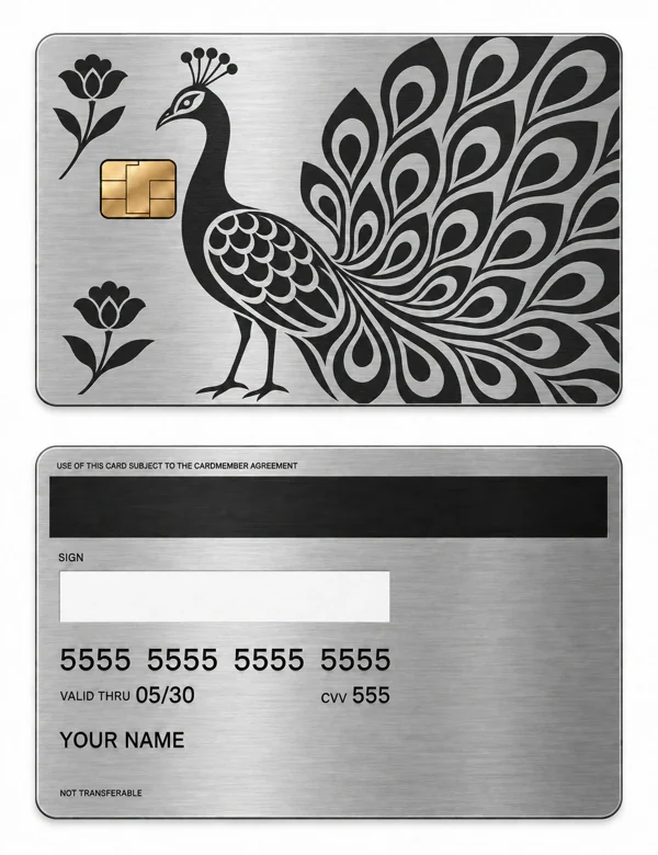 Peacock Parcel — Brushed silver stainless steel with black engraving