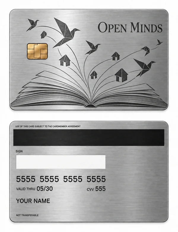 Open Minds — Brushed silver stainless steel with black engraving