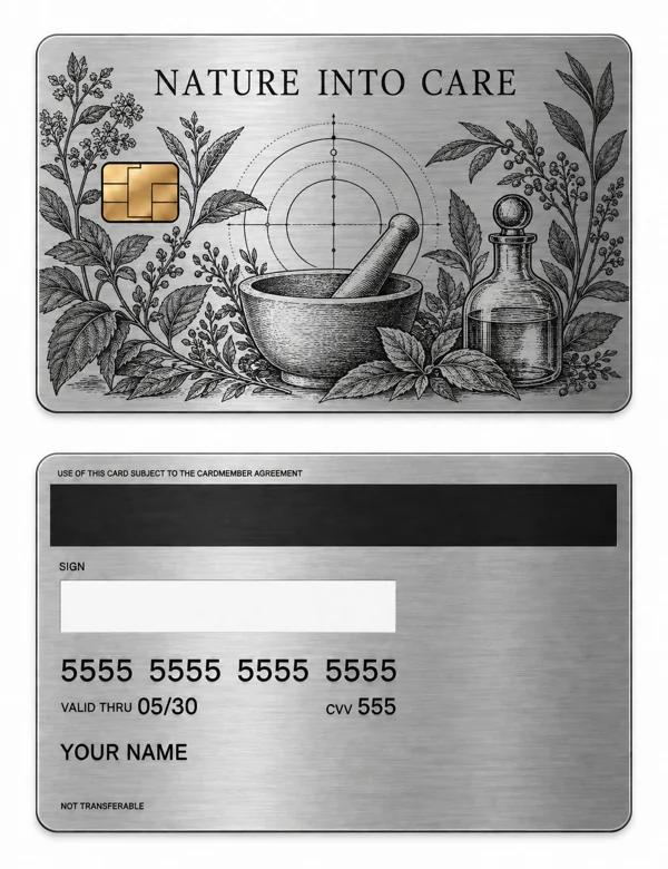Nature Into Care — Brushed silver stainless steel with black engraving