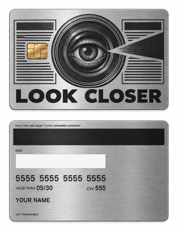 Look Closer — Brushed silver stainless steel with black engraving