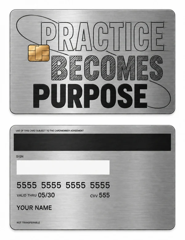 Practice Becomes Purpose — Brushed silver stainless steel with black engraving