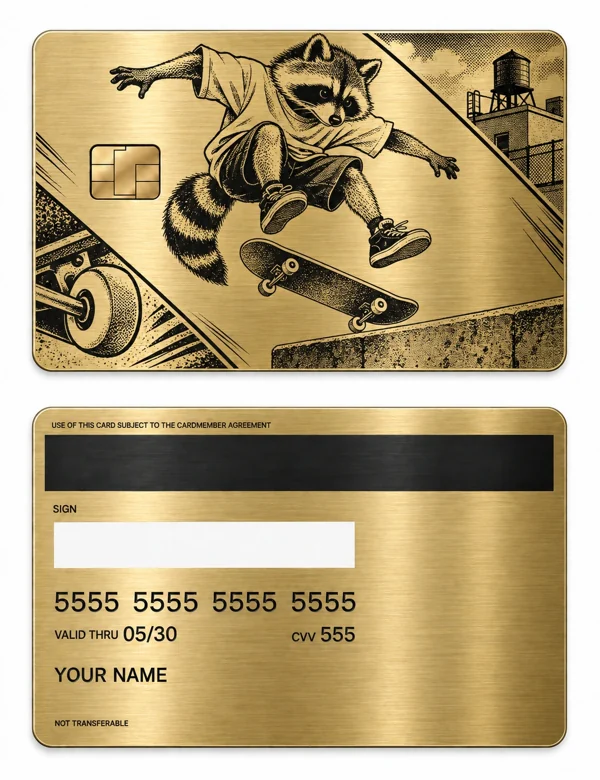 Raccoon Kickflip — Brushed gold stainless steel with black engraving