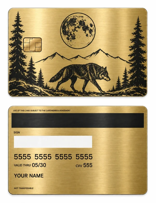 Wolf Between Pines — Brushed gold stainless steel with black engraving