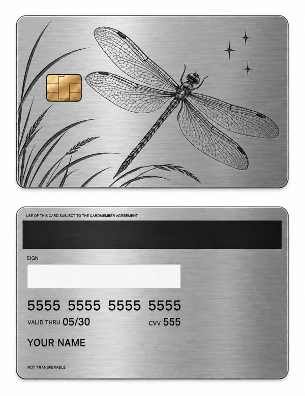 Dragonfly Nocturne — Brushed silver stainless steel with black engraving