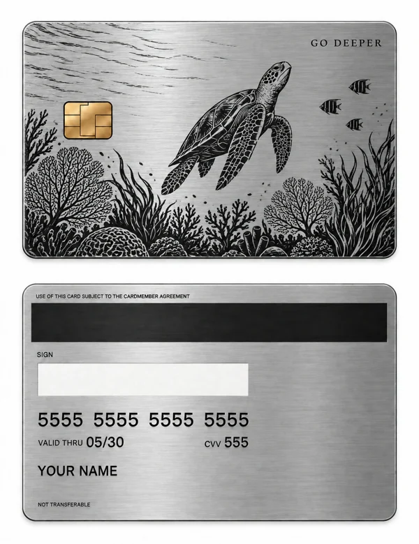 Reef Wanderer — Brushed silver stainless steel with black engraving