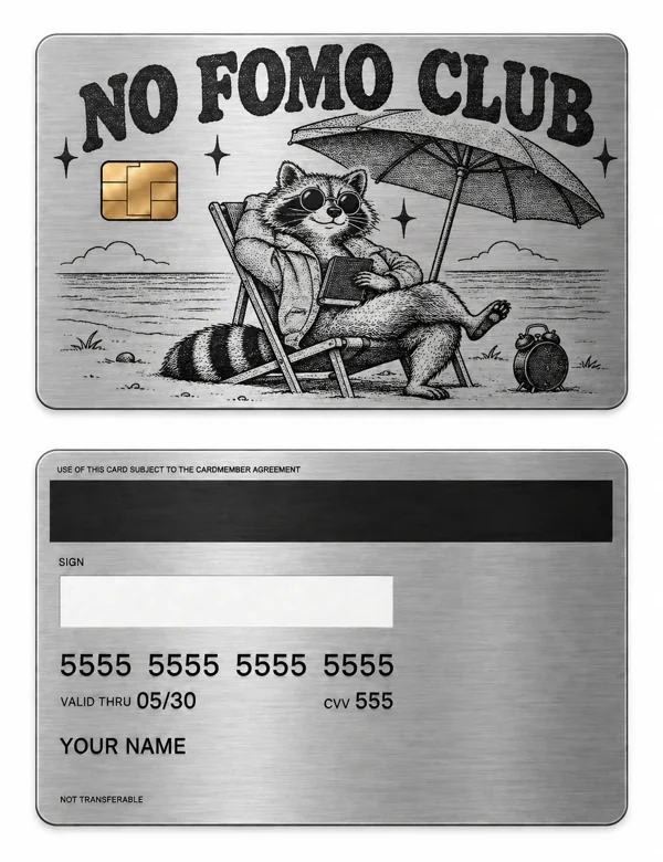 No FOMO Club — Brushed silver stainless steel with black engraving
