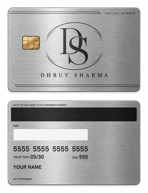 Dhruv Signature Membership — Brushed silver stainless steel with black engraving