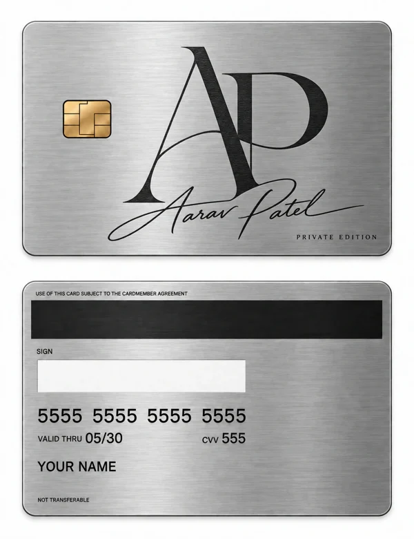 Prime Signature — Brushed silver stainless steel with black engraving